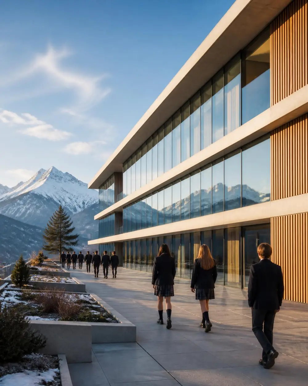 Campus scolaire suisse contemporain au pied des Alpes