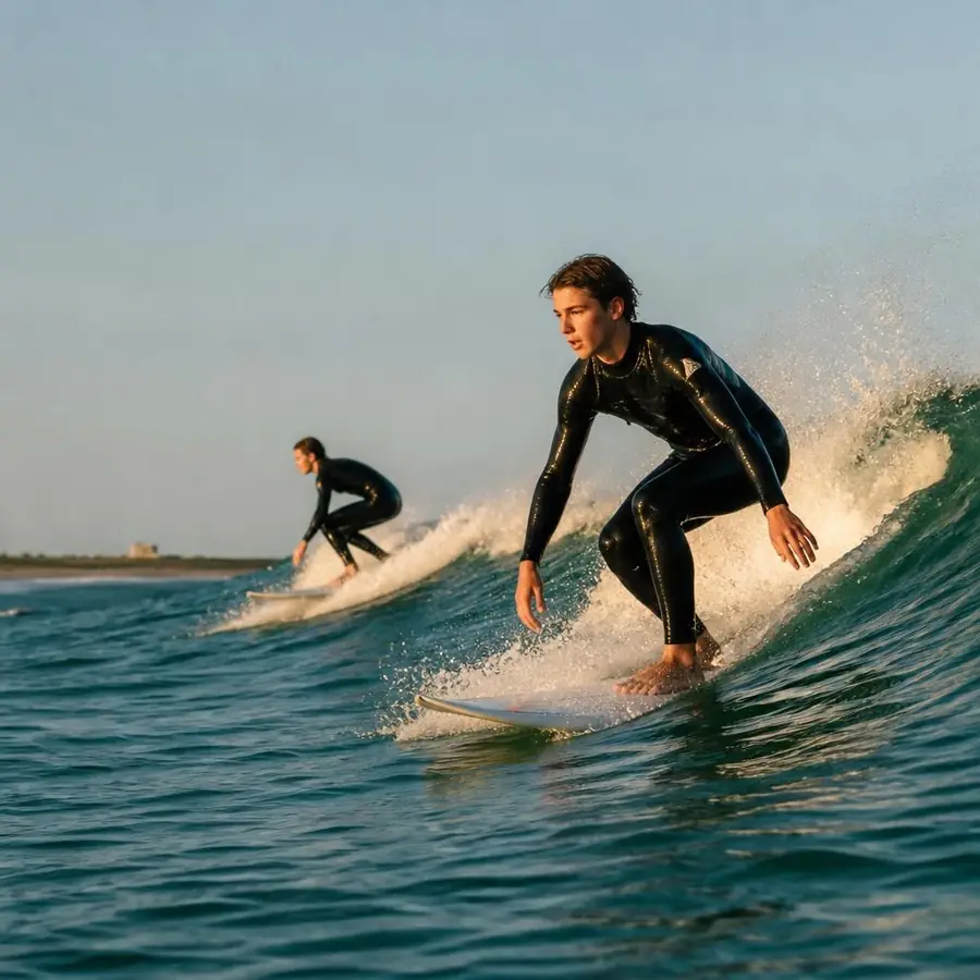Surf Camp Academy en Vendée, adolescents avec leurs planches au coucher du soleil